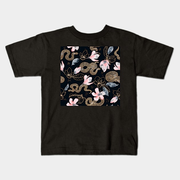 Snake flower pattern Kids T-Shirt by LittleNippon